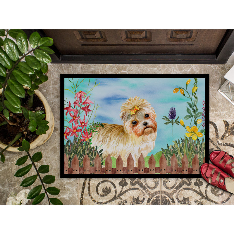 Tapis de porte pour l’extérieur antidérapant morkie spring, Rectangulaire : 18 po x 27 po