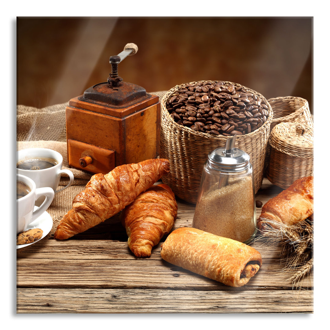 Glasbild Aromatischer Kaffee mit Croissant