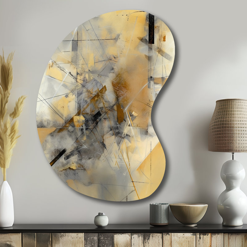 Yellow And Grey Beyond The Canvas II - Abstract Painting Boom Shape Irregular Metal Wall Decor, 39" H x 28" W