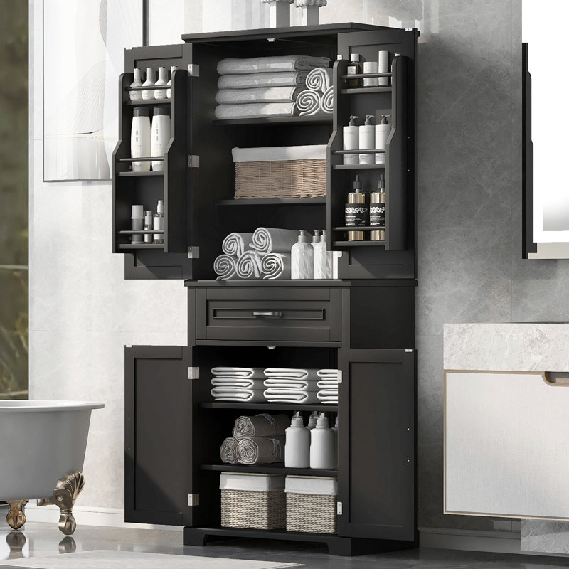 Bathroom Storage Cabinet With Doors And Drawer, Multiple Storage Space, Adjustable Shelf, Black, Black