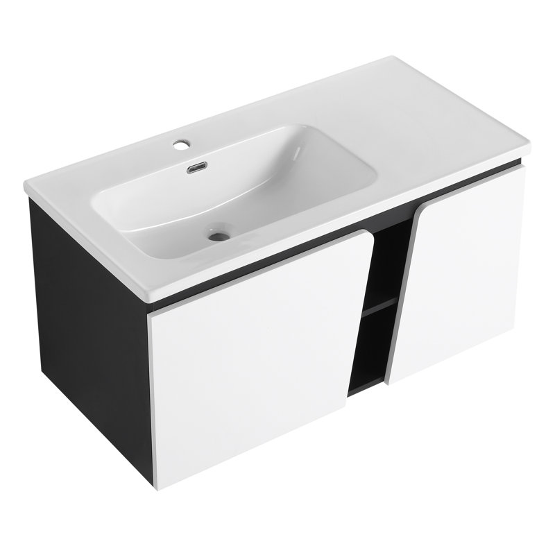 Meuble-lavabo flottant mural avec lavabo en céramique et porte d'armoire à fermeture en douceur