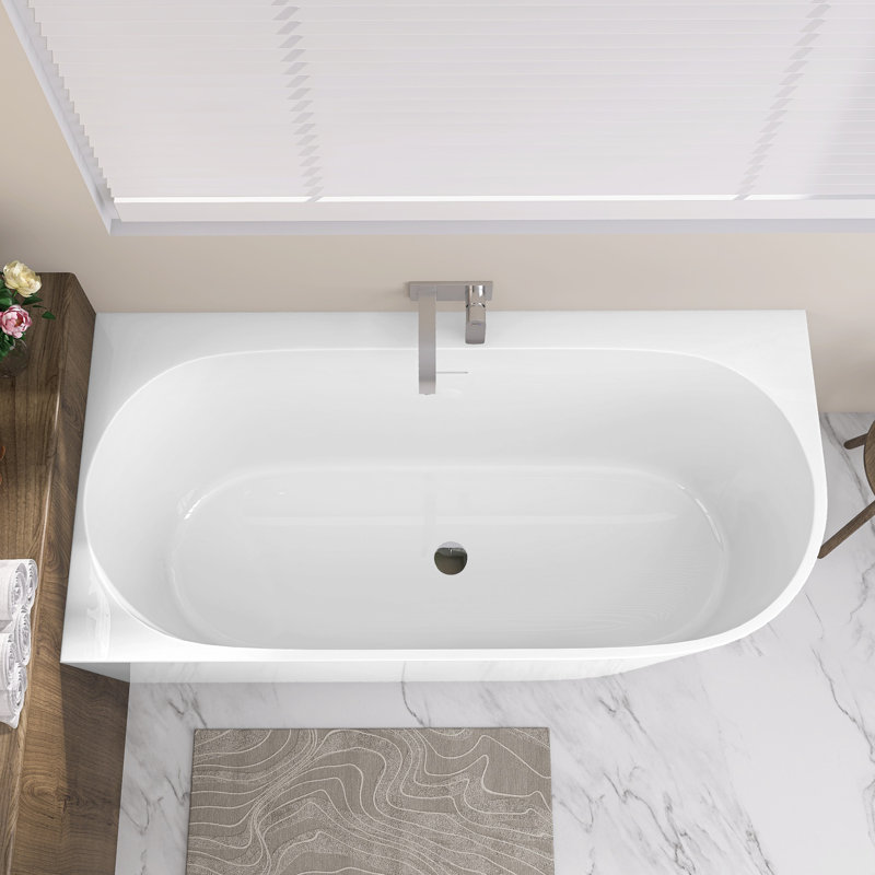 59'' x 30'' Freestanding Left Corner Soaking Bathtub Acrylic Stand Alone Back to Wall Alcove Tub with Overflow Glossy White