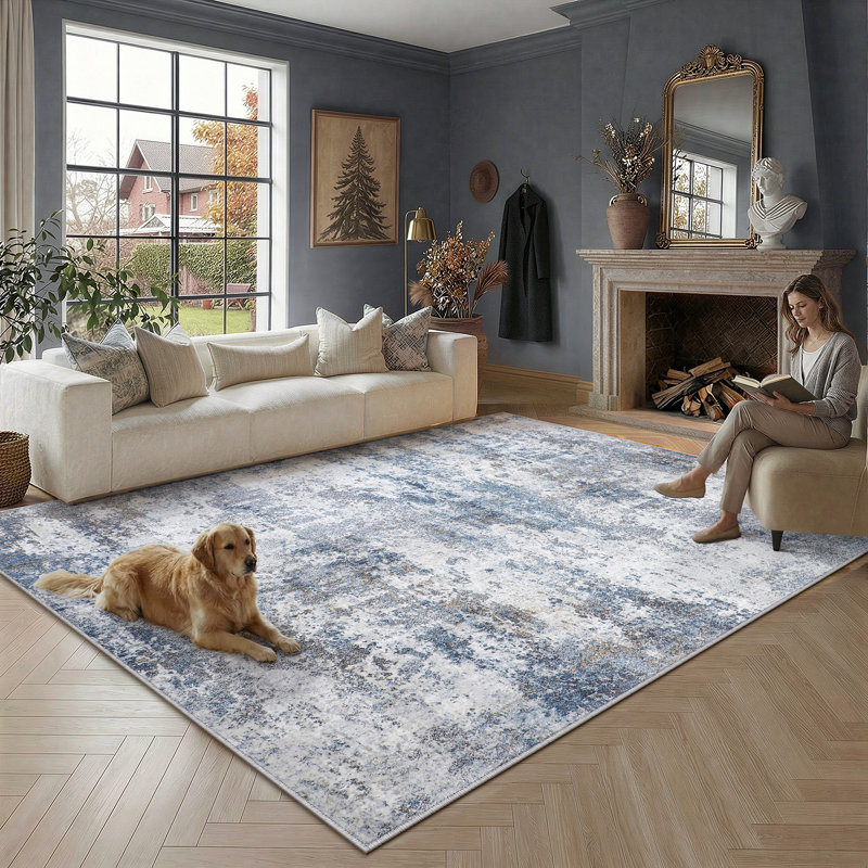 Tapis moderne lavable à la machine avec envers antidérapant Delly, Blue, Rectangle 6 pi x 9 pi