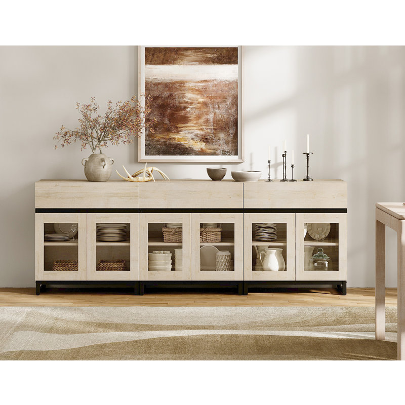 3 In 1 Multifunctional Sideboard Buffet Cabinets With 6 Glass Doors And 3 Drawers, Modern Sideboard Credenza With Metal Base, Coffee Bar Storage Cabinet For Living Room, Kitchen