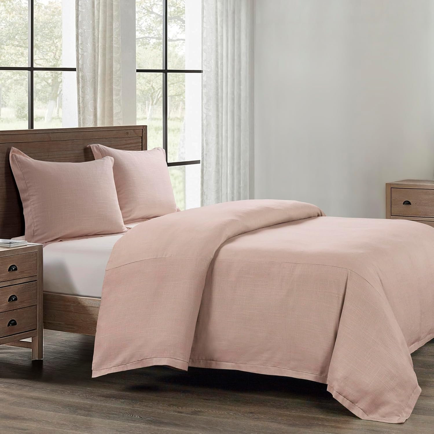 Hera Linen Comforter Set, King Comforter + 2 Shams, Blush