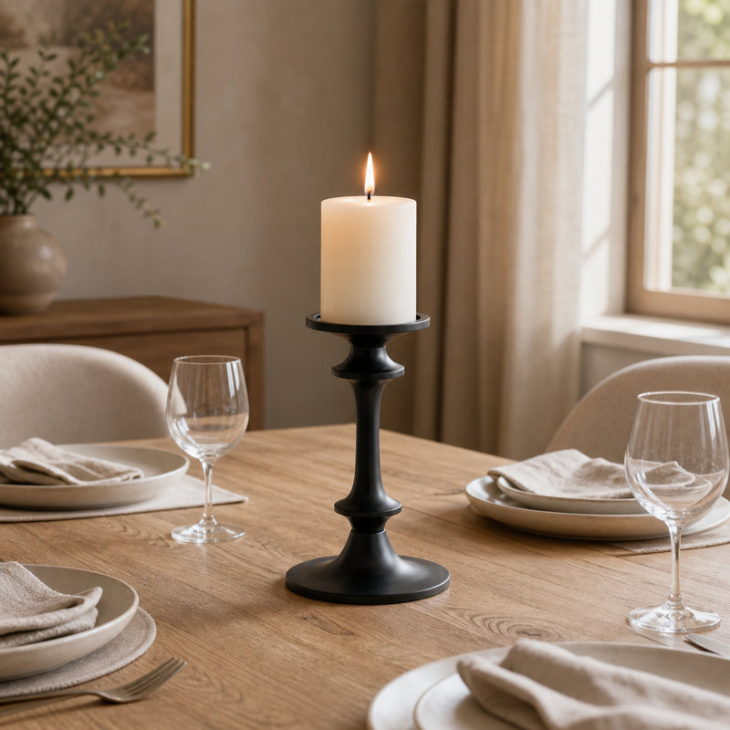 Modern Aluminum Candle Holder, Black Powder-Coated Candlestick Stand for Home Decor, Dining Table & Living Room – 8 Inches