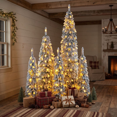 Sapins de Noël crayon floqués pré-illuminés en 5 pièces, sapin de Noël en PVC recouvert de neige avec deux couleurs d'éclairage, 11 modes