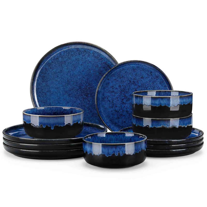 Services de vaisselle en céramique, ensemble de vaisselle 12 pièces, Bleu