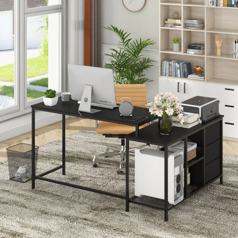 Bureau d'ordinateur en L avec prise de courant pour travailler, Noir