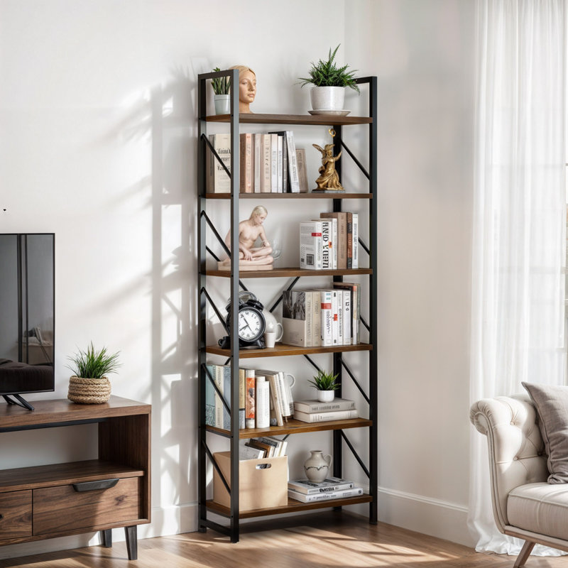  Industrial Brown 5 Tier Metal Bookcase with X Brace Frame Freestanding Shelf Organizer for Living Room, Home Office, or Bedroom