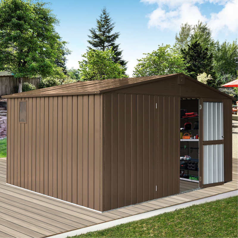 Remise utilitaire d'extérieur en acier galvanisé, fenêtres de 11 pi x 9 pi, porte verrouillable, 630 pi³, remise à outils avec cadre de rangement brun, porte et 630 pi³ Grande capacité