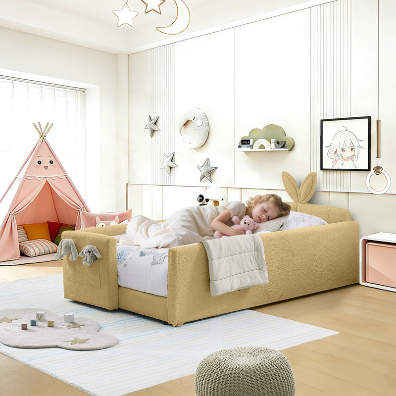 Twin Size Bed Frame, 82.99" Upholstered Daybed Platform Floor Bed W/Storage Pocket Cute Rabbit Ear Shaped Headboard for Bedroom, No Box Spring Needed