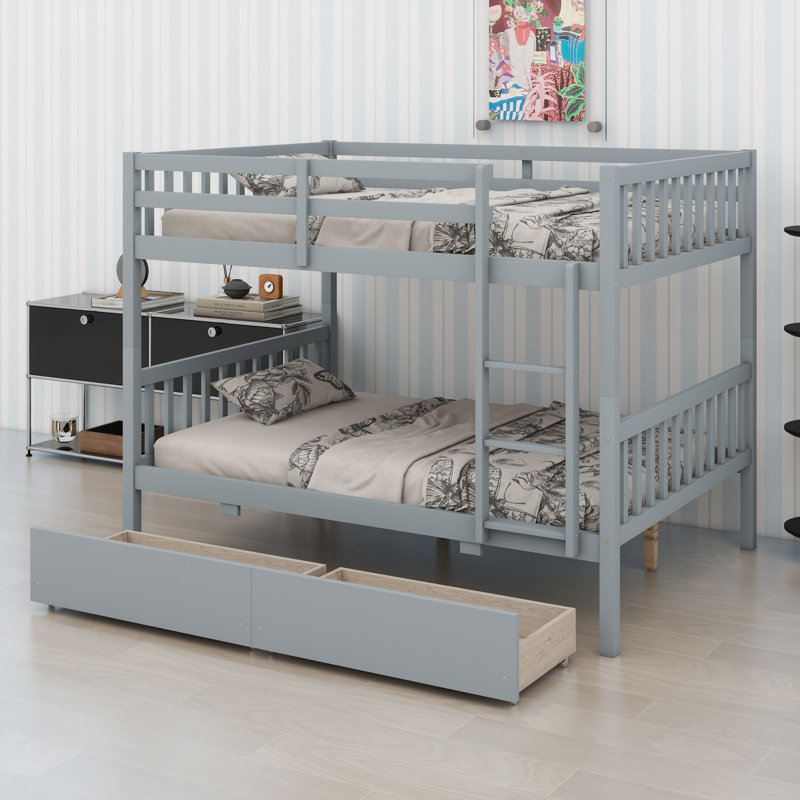 Space-Saving Bunk Bed Featuring Storage Drawers, Easy Conversion To Separate Beds, And Protective Rails, Gray