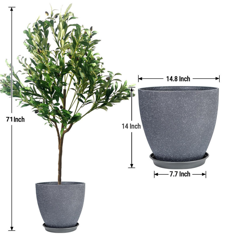 Pots à plantes ronds en olivier artificiel type C avec plateau, H 70,87 po x l 19,69 po x P 19,69 po, Gris foncé