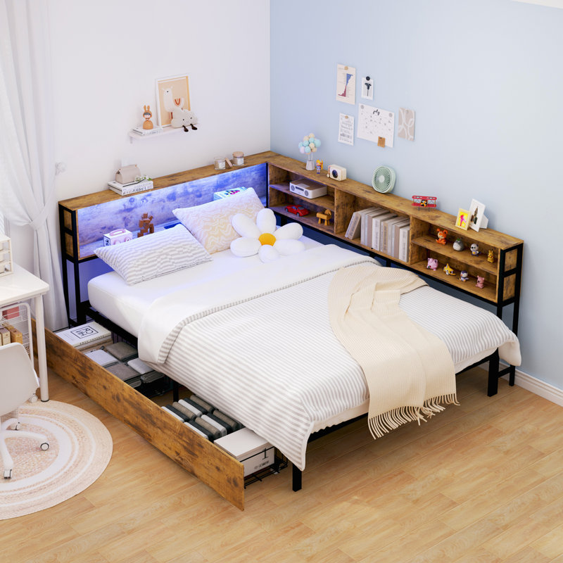 Cadre de lit d'angle avec rangement, bibliothèque et lumière DEL, idéal pour les chambres d'enfants et peu encombrant, Double