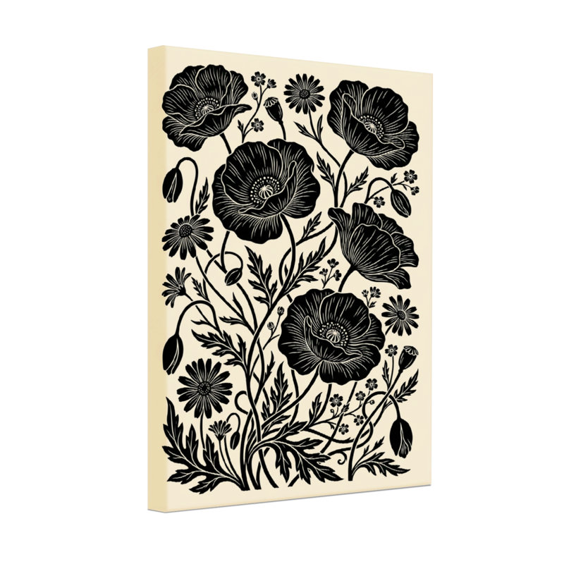 Plantes et fleurs - motif floral coquelicot noir sur fond crème, H 30 po x l 20 po