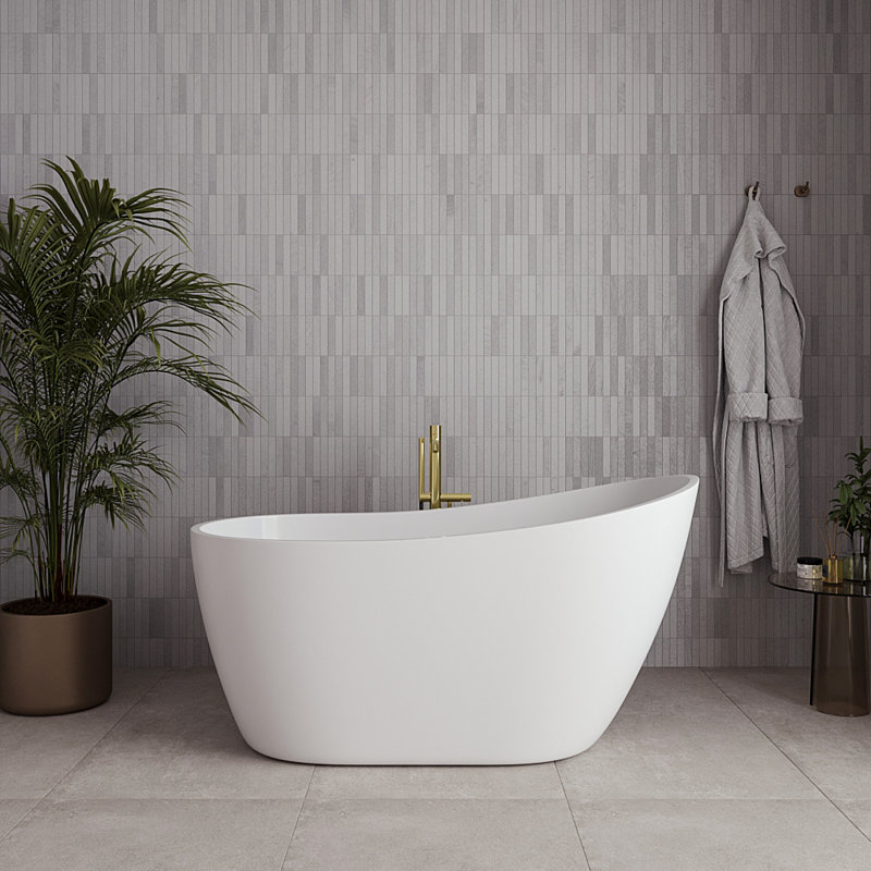 55" Streamline Soaking Glossy White Freestanding Tub With Internal Drain, Polished Brass