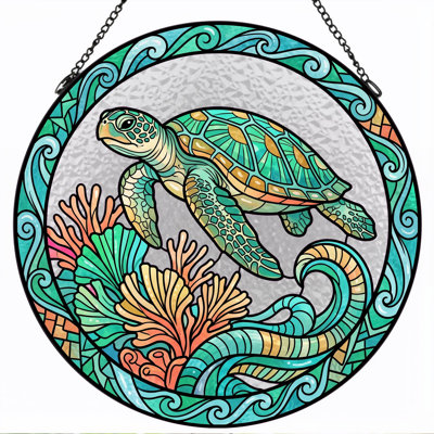 Sea Turtle Stained Glass Window Panel，12"H