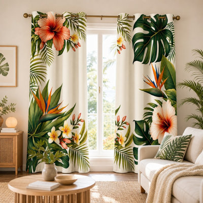 2Pcs Tropical floral printed curtains, exotic paradise bird and hibiscus pattern, lush foliage jungle theme, room darkening decorative for living for Home Dector