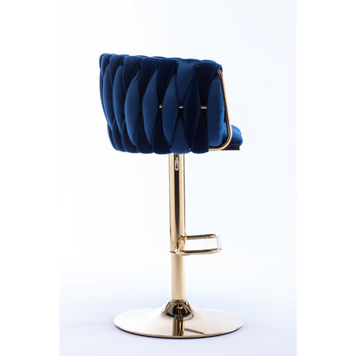 2 Bar Stools, Height Adjustable Via Mechanical Means, Navy Velvet, Golden Legs, Footrest & Base Of Velvet Base, In Mechanically