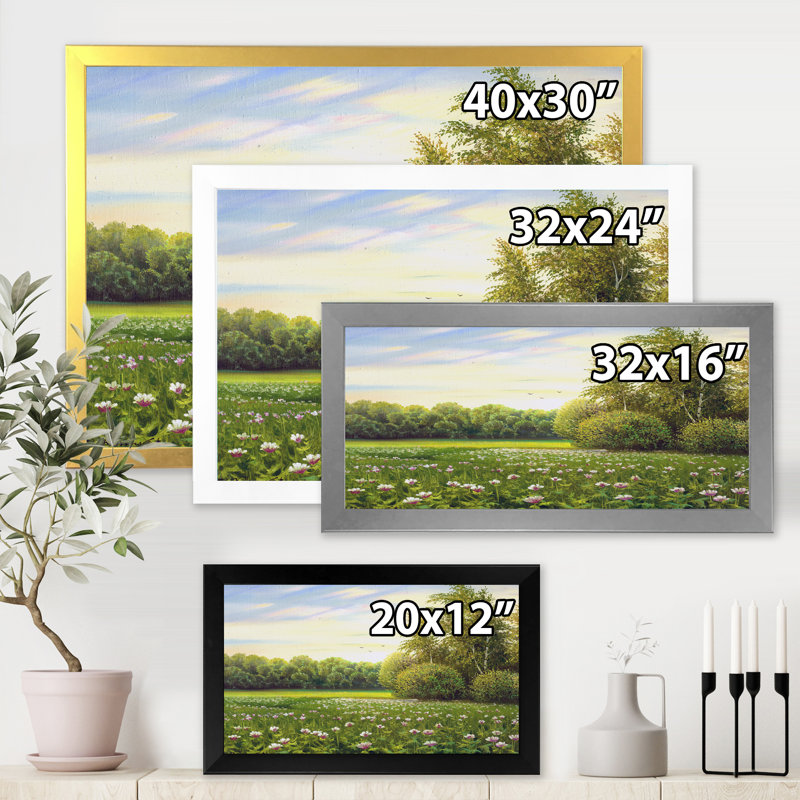 Printemps des arbres par les prés - Peinture sur toile, H 24 po x l 32 po x P 1 po, Cadre photo blanc