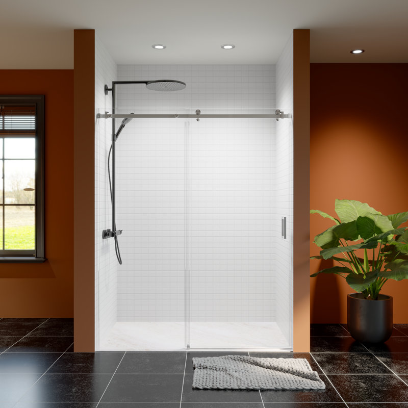 56"-60" W X 74" H Frameless Single Sliding Shower Door,  5/16" (8Mm) Thickened Upgrade Tempered Glass Door, Smooth Roller Stainless Steel Hardware, Reversible Mounted Modern Bathroom Enclosure