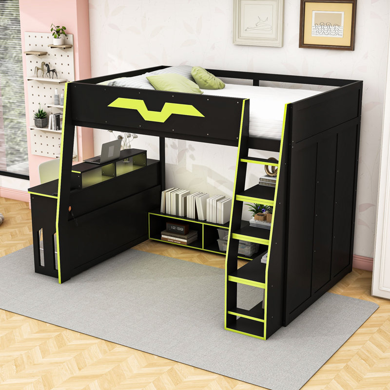 Lit mezzanine double en bois avec bureau intégré, éclairage RVB et rangement polyvalent, Vert