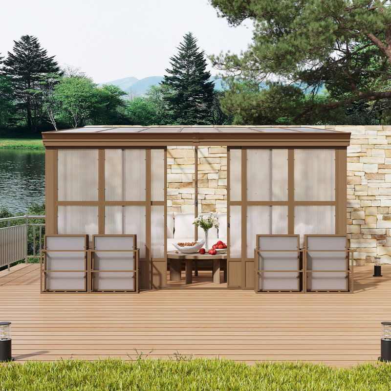 Lean-To Sunroom , Wall Mounted Solarium With Sloping Polycarbonate Roof, Detachable Polycarbonate Screens, 2 Lockable Sliding Doors, Aluminum Gazebo Against Wall Sun Room For Patio Deck
