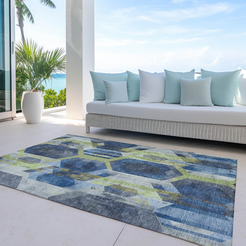 Machine Washable Indoor/Outdoor Cinead ACN1722 Navy Rug, Rectangle 3' x 5'