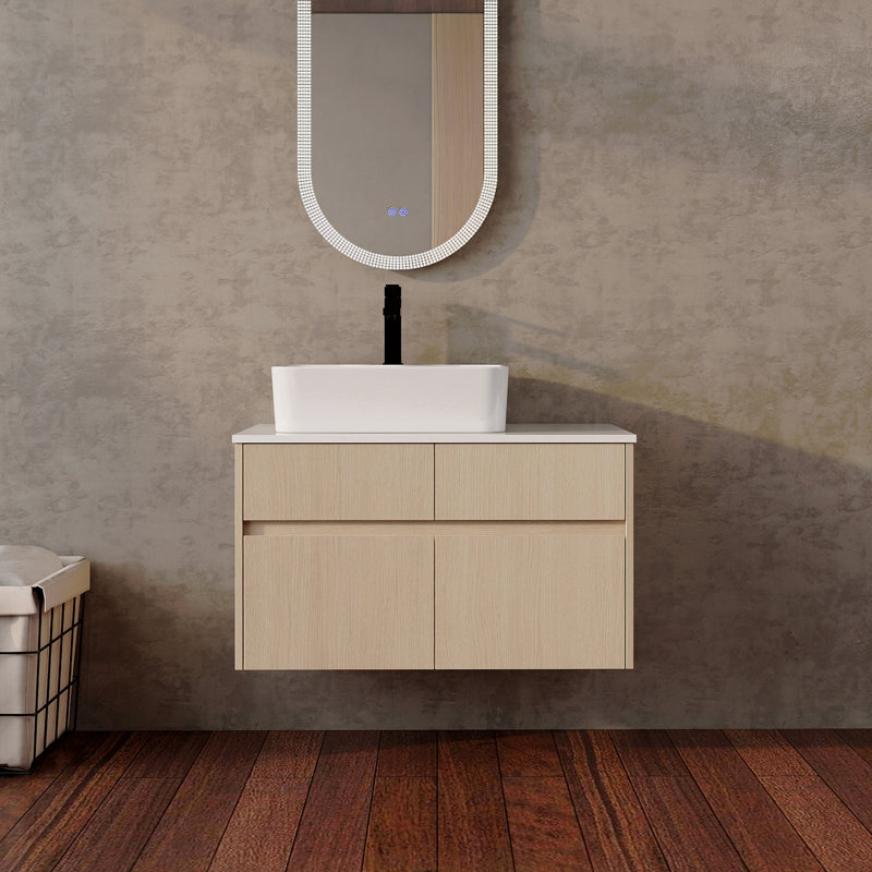 Meuble-lavabo mural de 81 cm (32 pouces) avec lavabo décoratif en céramique, panneau plat en PVC, 2 portes à fermeture amortie et 1 tiroir, emballage amovible, panneaux de particules