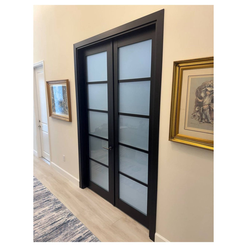 Solid French Double Doors Frosted Glass Quadro 4002 Matte Black Wood Solid Panel Frame Trims Closet Bedroom Sturdy Doors 48" x 80" (2* 24x80)