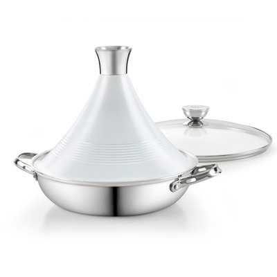 Marmite à tajine en acier inoxydable multi-plis DM, marmite à argile marocaine de 3,6 pintes de 11 pintes, marmite traditionnelle avec couvercle conique en aluminium moulé sous pression blanc et poignée en acier inoxydable