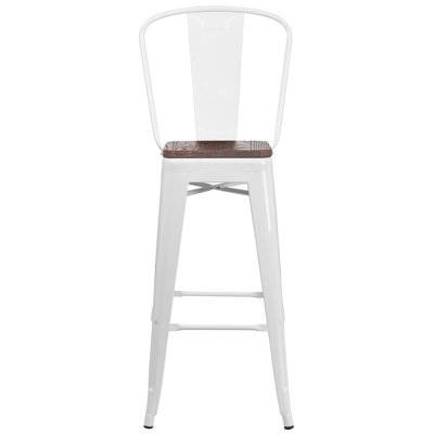 Marian Metal Bar or Counter Height Stool with Back and Wood Seat