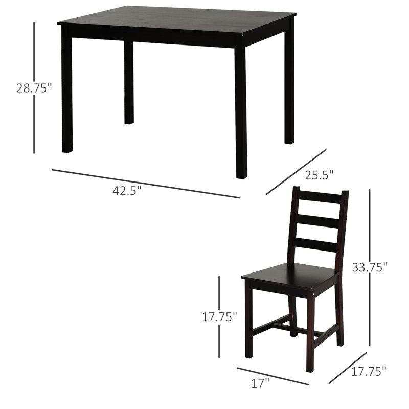 Table de salle à manger 5 pièces, chaises en bois rustique et brun châtaignier. Bois de pin massif pour plus de robustesse. Option compacte familiale. Facile à nettoyer. Maison idéale, cafés, bars. 24,59 po