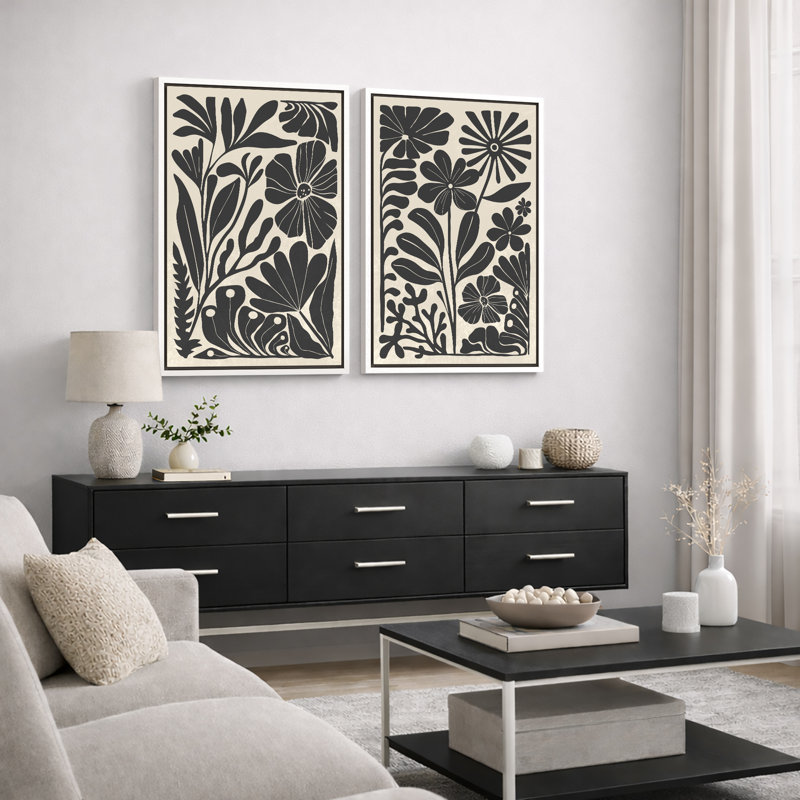 Abstract Botanical "Boho Black And Beige Floral Artwork, Mid Century Modern Abstract Wall Pictures, Framed Canvas Giclée Print 2 Pieces Wall Art"