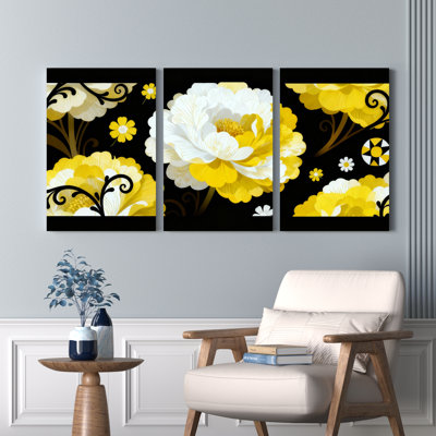 Toile tendue sur châssis à motif floral jaune et blanc, style abstrait moderne (paquet de 3)