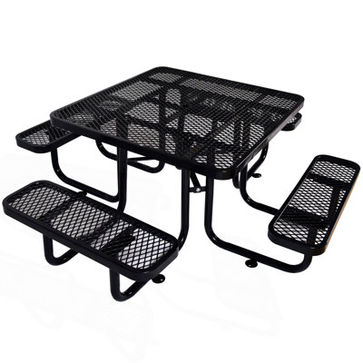 Square Outdoor Steel Picnic Table With Umbrella Hole, Patio Table