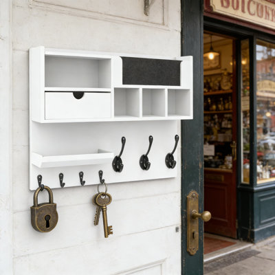 Organisateur de vestibule mural avec fente pour courrier, tablette réglable, tableau noir et 7 crochets - Porte-clés maison de campagne