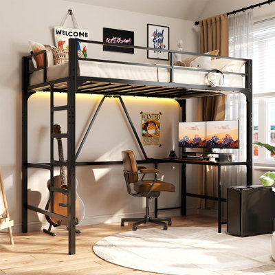 Lit mezzanine simple avec bureau, prise de courant et lumières DEL