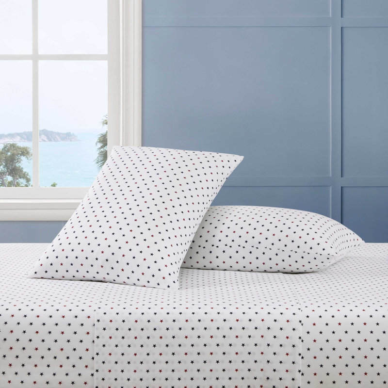 Tommy Hilfiger Printed Percale Cotton Sheet Set, Twin XL Sheet Set with 1 Pillowcase, Daystar Blue