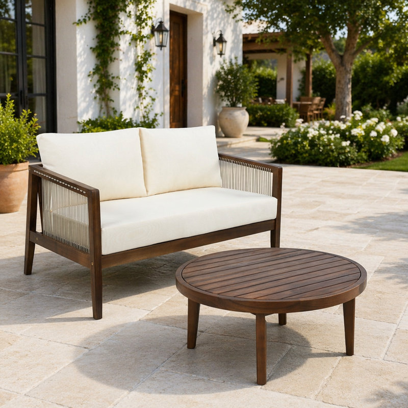 Ensemble de causeuse et de table basse d'extérieur, structure en bois d'acacia avec détails en corde, coussins beiges hydrofuges pour patio, cour arrière, terrasse