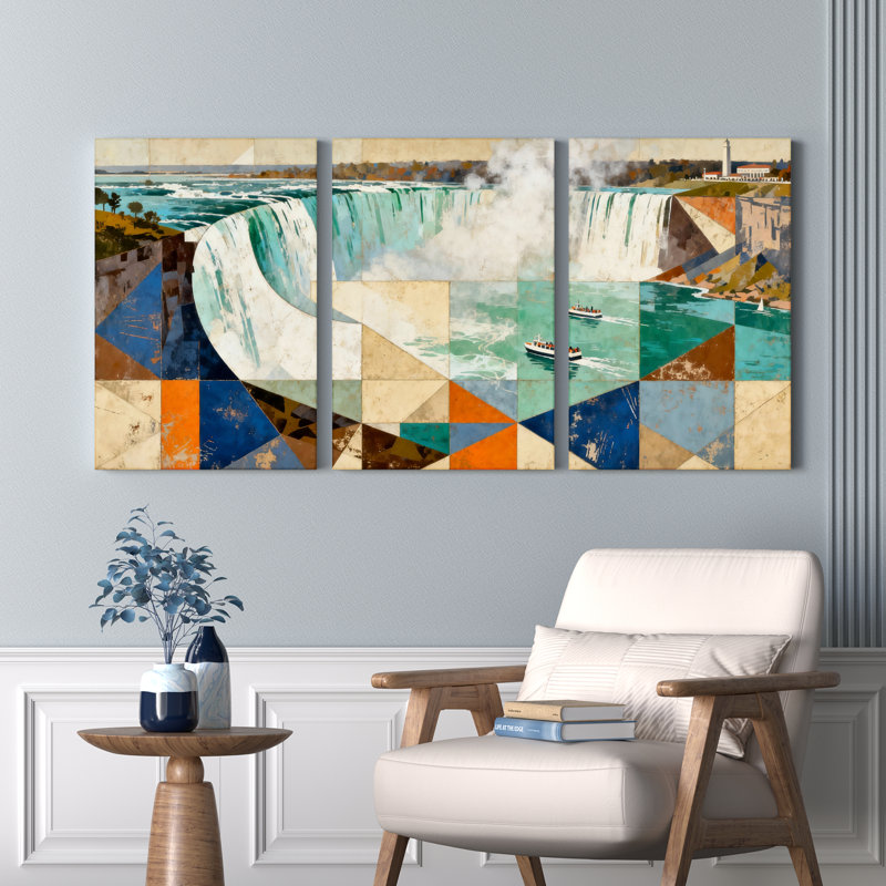 Niagara Falls Geometric Abstract Canvas Wrapped Wall Art, Oil Painting Print (Set of 3), 18" H x 36" W