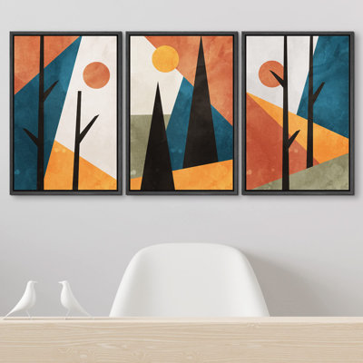 " Geometric Art Deco Expressionist Forest Abstract Illustrations Modern Art Boho Decor Colorful " 3 - Pieces