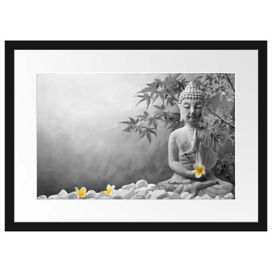 Gerahmtes Poster Buddha mit Monoi Blüte in der Hand