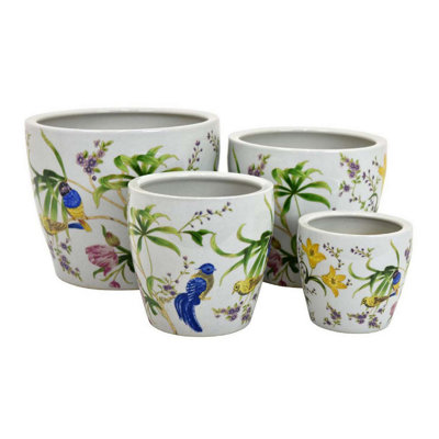 Ensemble de 4 pots à fleurs Kerry, motif floral, céramique blanche et verte