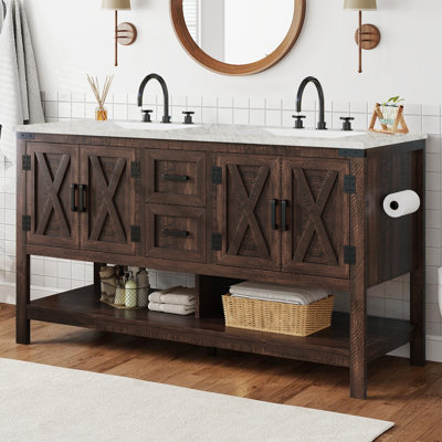 Meuble-lavabo à double cuve 60 po avec plateau en marbre blanc de Carrare et grand rangement, blanc vieilli