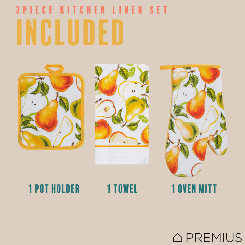 Ensemble de linge de cuisine imprimé 3 pièces PREMIUS, poires, 1 serviette en coton, 1 support à casserole, 1 gant de cuisine