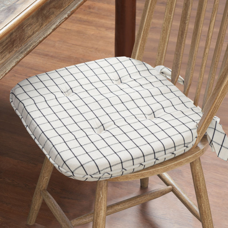 Black White Ivory Windowpane Check Woven Chair Pad - 15.5x17 Rustic Farmhouse Seat Cushion with Ties, Black/Cream Plaid