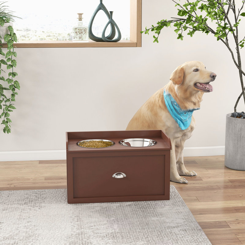 Mangeoire hygiénique pour chien - Bols et armoire surélevés en acier inoxydable, grand rangement brun à 2 tiroirs,