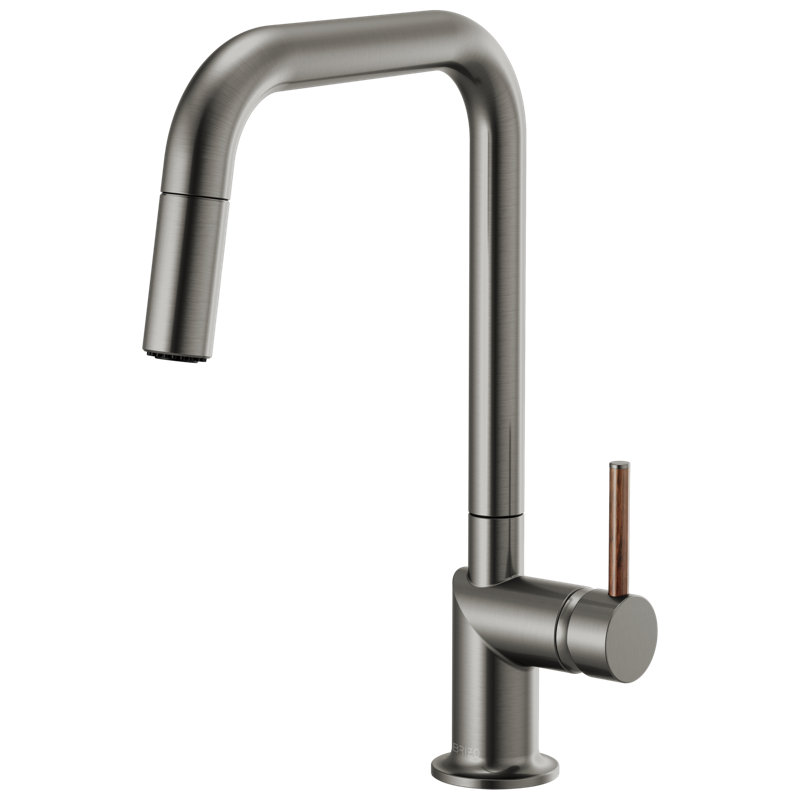 Odin® Pull-Down Faucet with Square Spout, Luxe Steel, Wood Lever